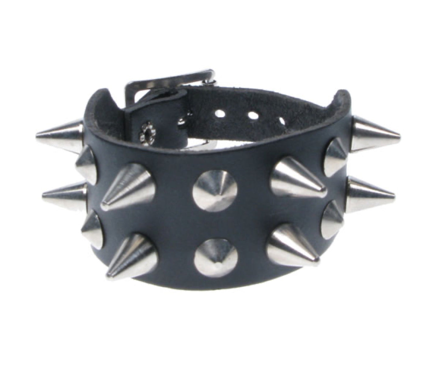 WB069 2 Row Small Cone and Conical Leather Wristband - Black