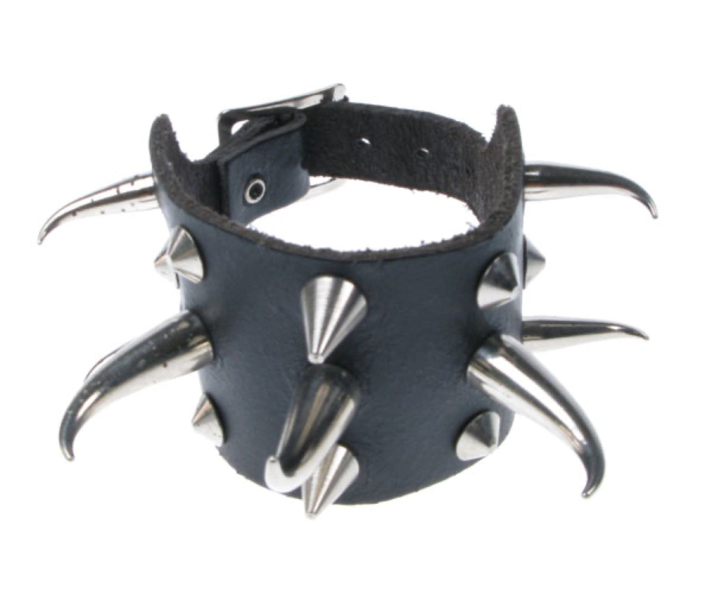 WB070 3 Row Small and Medium Tusk with Conical & Small Cone Spike Leather Wristband - Black