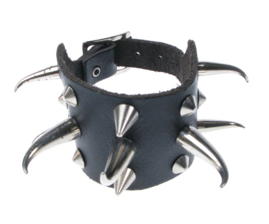 WB070 3 Row Small and Medium Tusk with Conical & Small Cone Spike Leather Wristband - Black