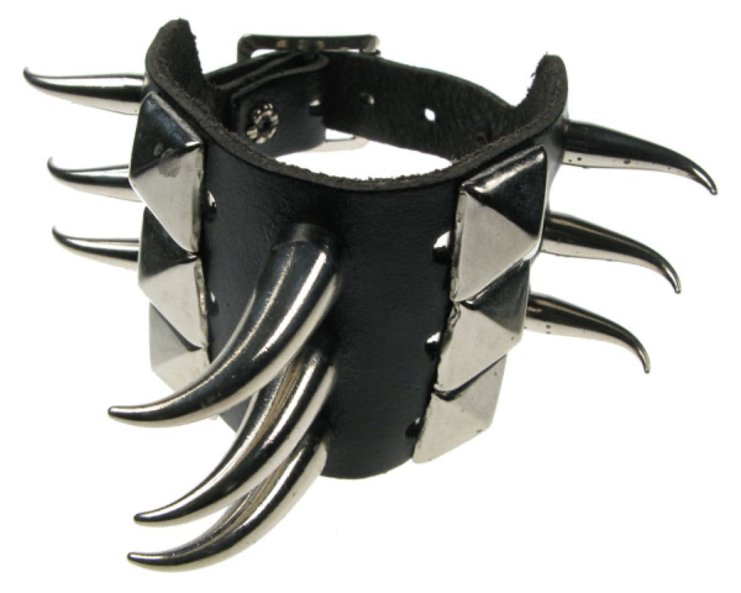 WB073 3 Row New Pyramid with Small and Medium Tusks Leather Wristband - Black