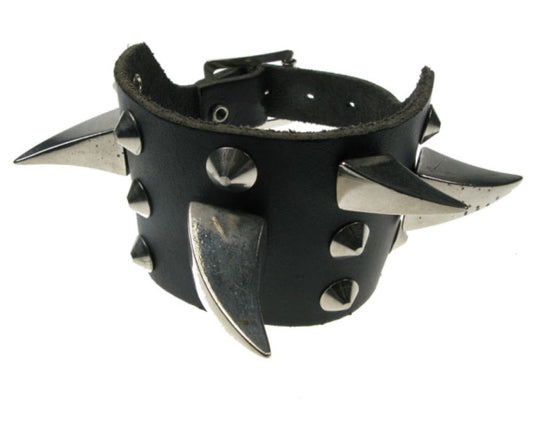 WB074 3 Row Small and Medium Claw with Conical  Leather Wristband - Black