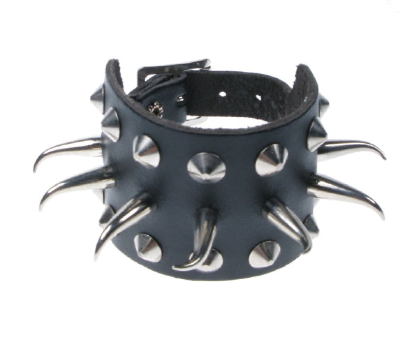WB076 3 Row width 2 Row Conical and 1 Row Small Tusk Leather Wristband - Black