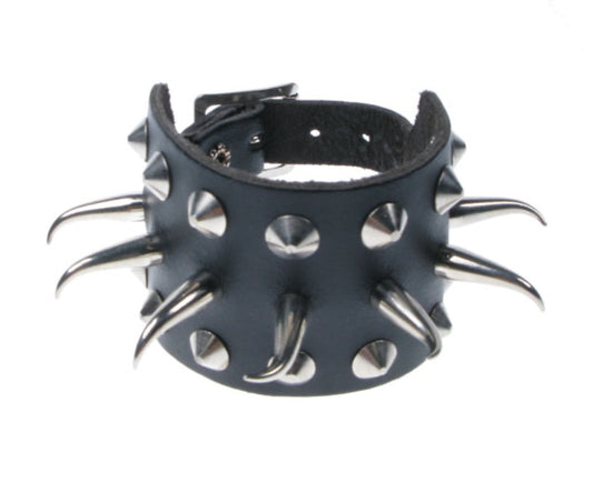 WB076 3 Row width 2 Row Conical and 1 Row Small Tusk Leather Wristband - Black