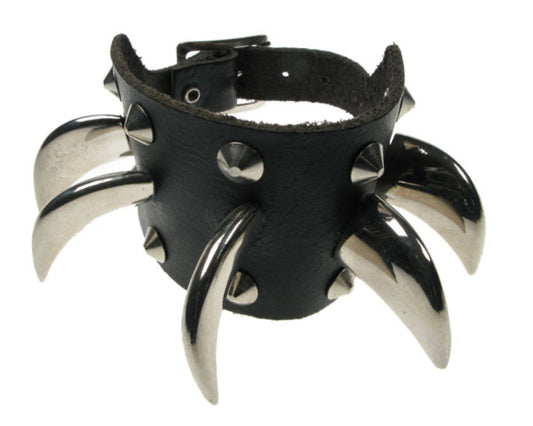 WB077 3 Row width 2 Row Conical and 1 Row Large Sabre Tooth Leather Wristband - Black