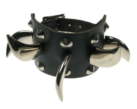 WB078 3 Row width 2 Row Conical and 1 Row Large Sabre Tooth Leather Wristband - Black