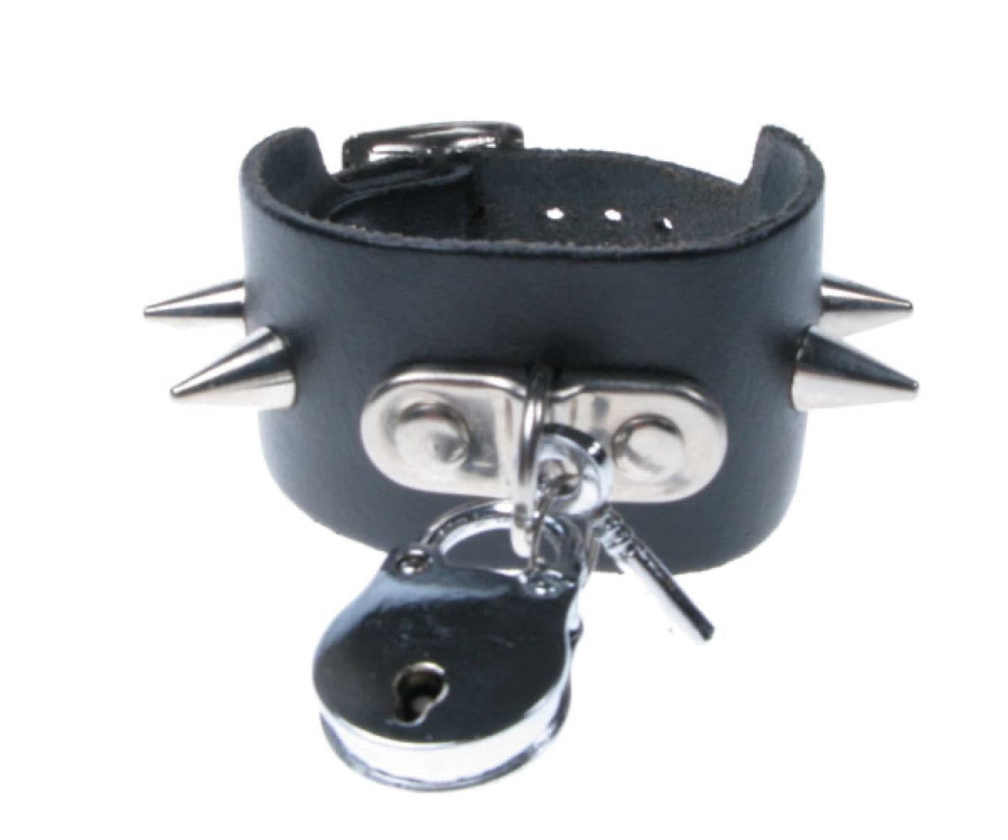 WB081 2 Row width Small Cone Spike with Handle Plate and Padlock Leather Wristband - Black
