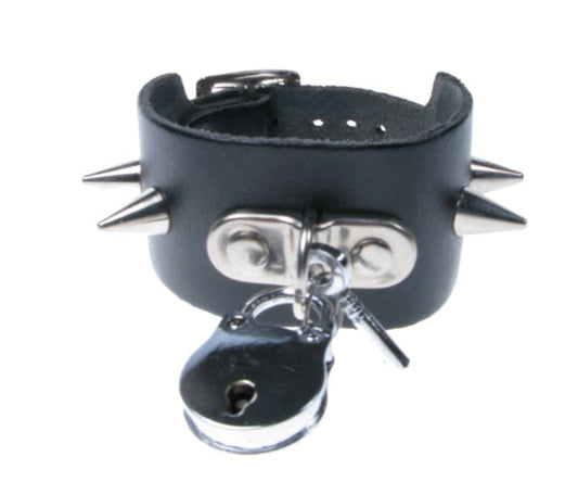 WB081 2 Row width Small Cone Spike with Handle Plate and Padlock Leather Wristband - Black