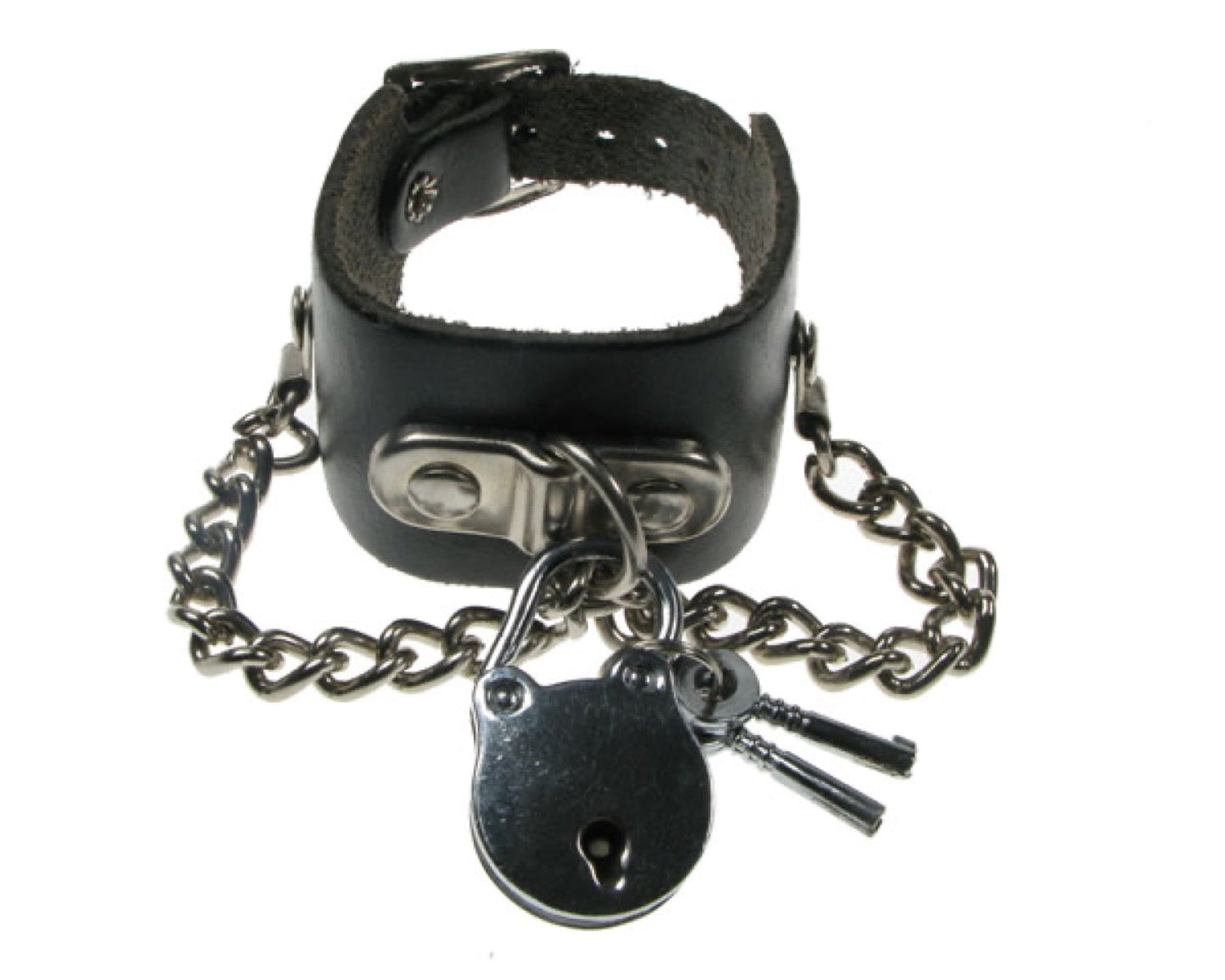 WB083 3 Row width Handle Plate and Padlock with Chain Leather Wristband - Black