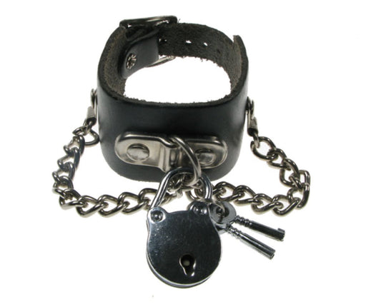 WB083 3 Row width Handle Plate and Padlock with Chain Leather Wristband - Black