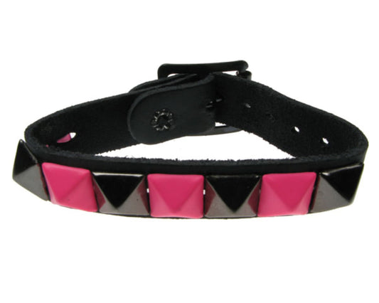 WB085 1 Row Small Pink and Black Pyramid Leather Wristband - Black