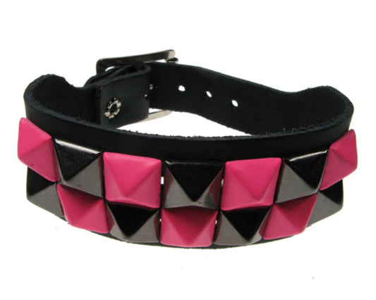 WB086 2 Row Small Pink and Black Pyramid Leather Wristband - Black