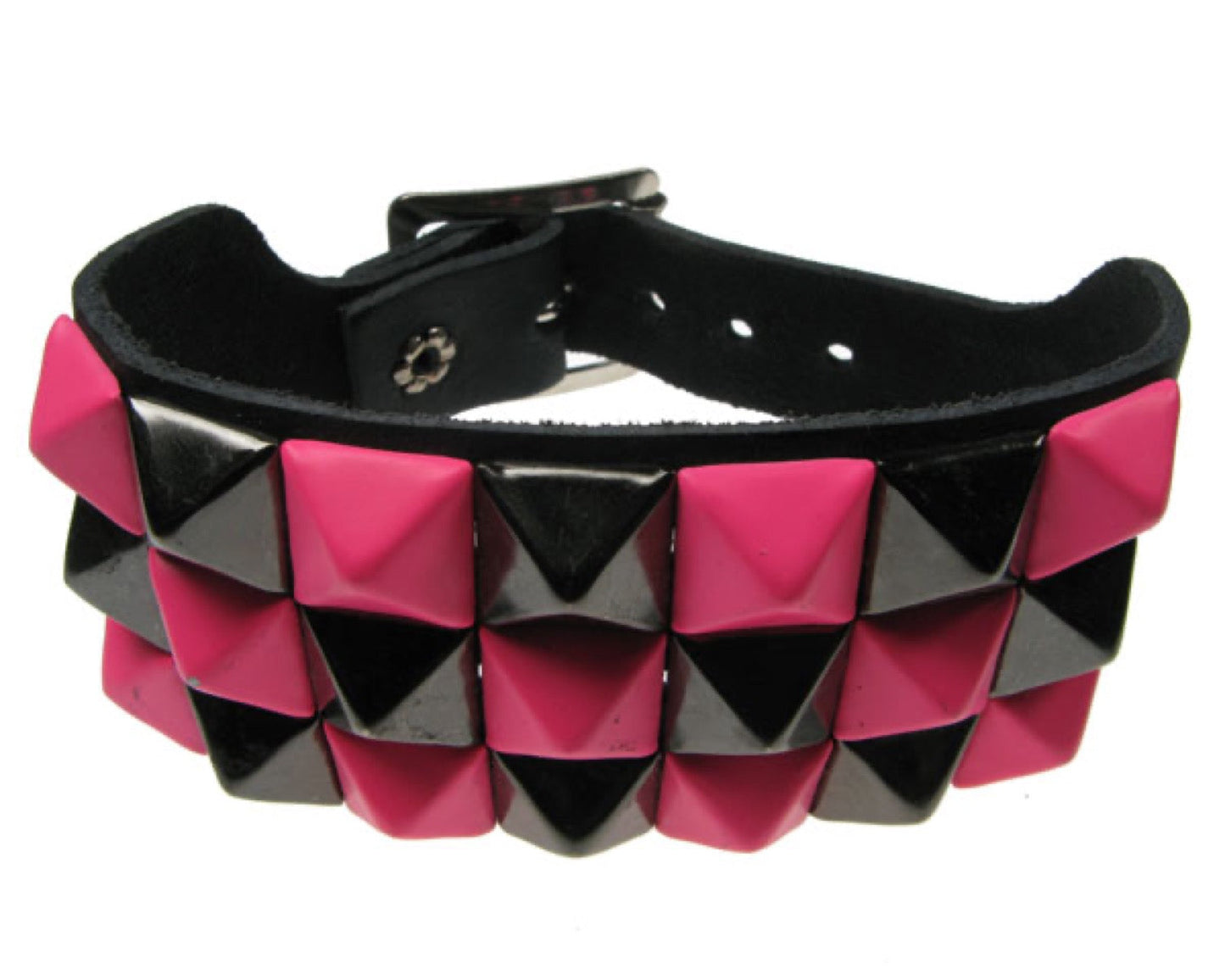WB087 3 Row Small Pink and Black Pyramid Leather Wristband - Black