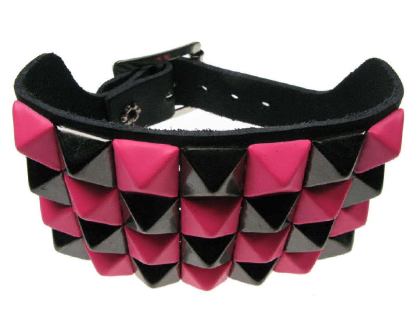 WB088 4 Row Small Pink and Black Pyramid Leather Wristband - Black