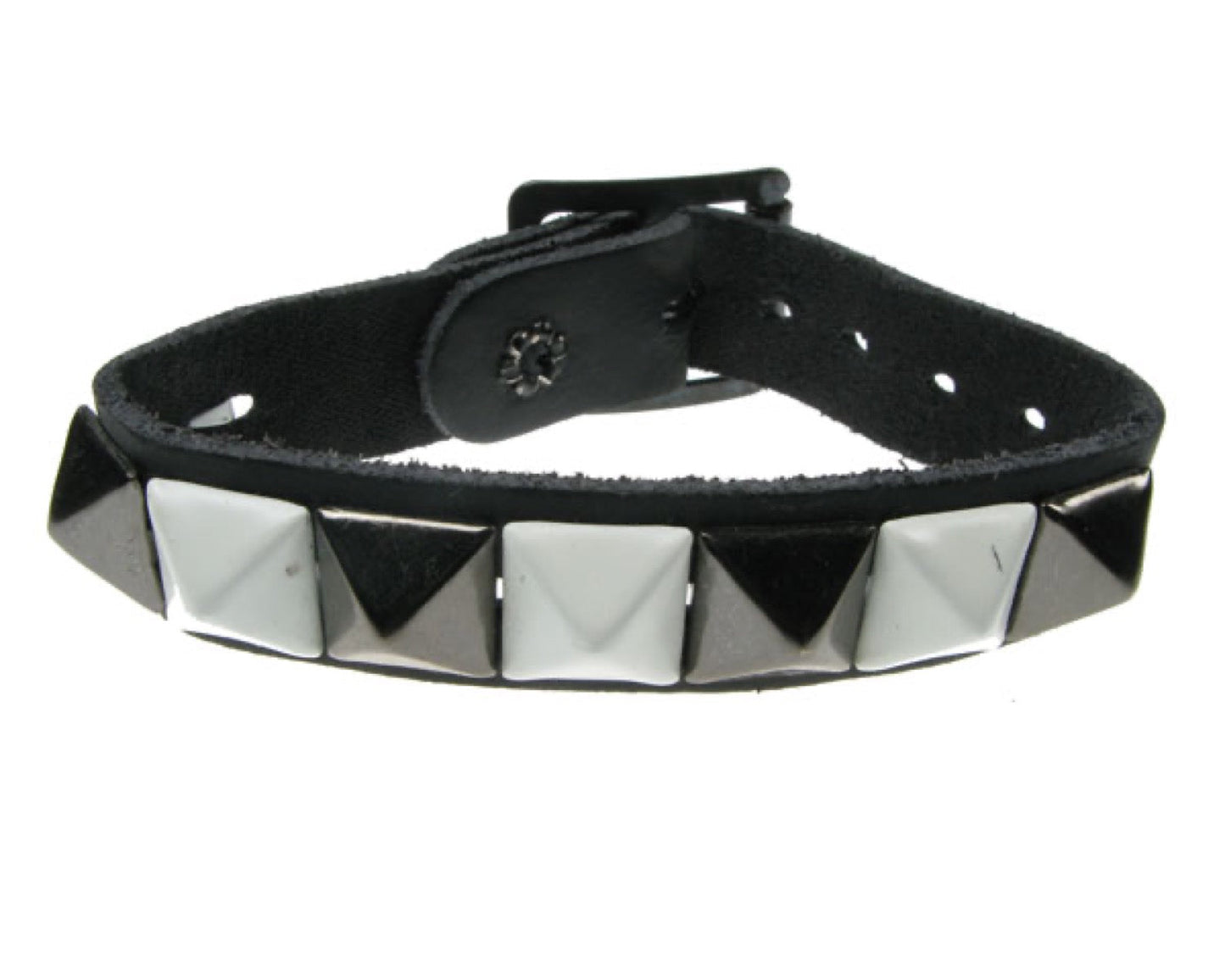 WB089 1 Row Small Whte and Black Pyramid Leather Wristband - Black