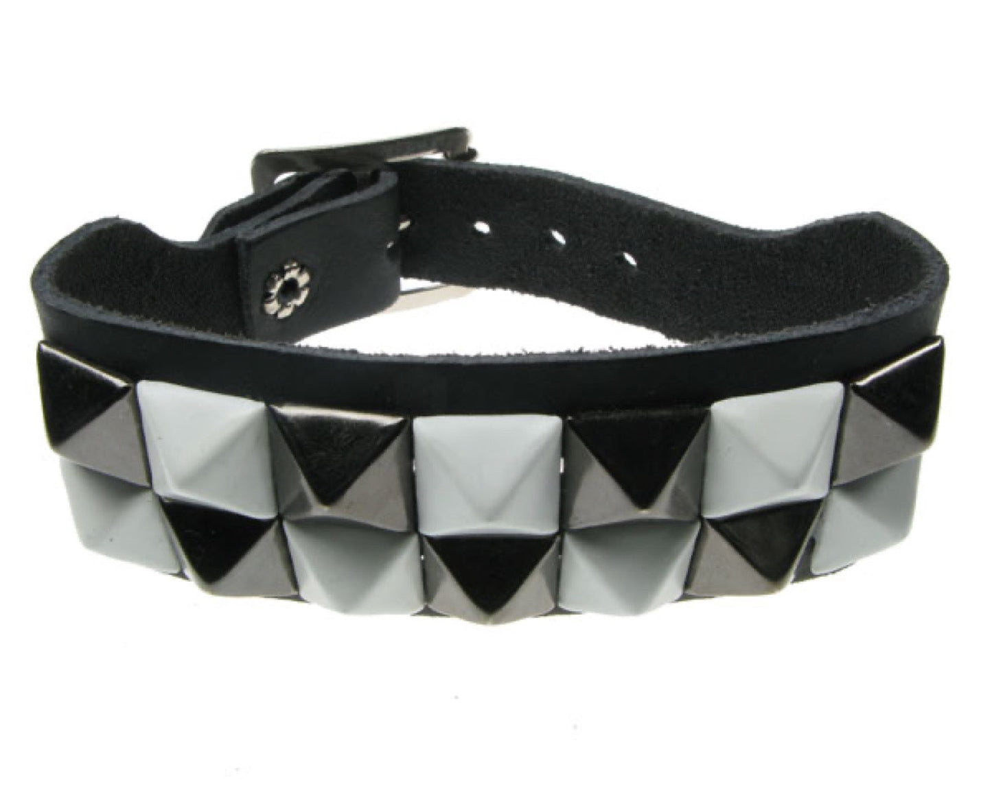 WB090 2 Row Small White and Black Pyramid Leather Wristband - Black