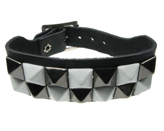 WB090 2 Row Small White and Black Pyramid Leather Wristband - Black