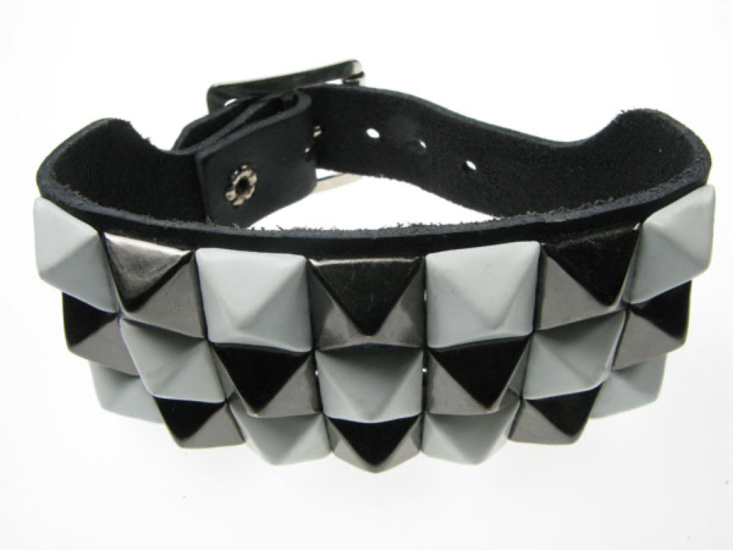 WB091 3 Row Small White and Black Pyramid Leather Wristband - Black