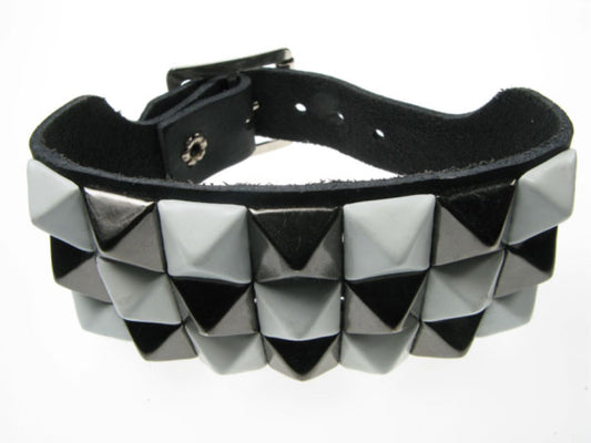 WB091 3 Row Small White and Black Pyramid Leather Wristband - Black