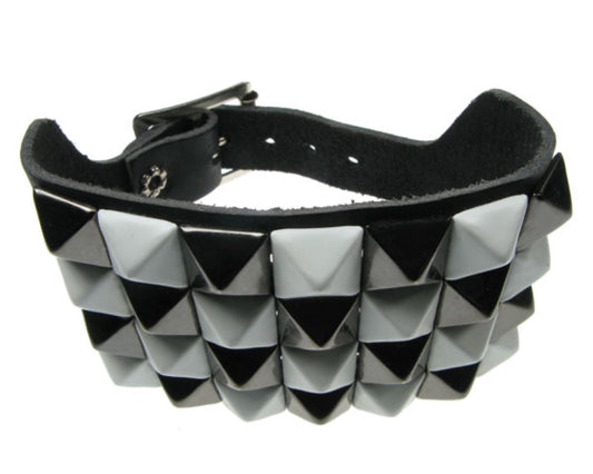 WB092 4 Row Small White and Black Pyramid Leather Wristband - Black