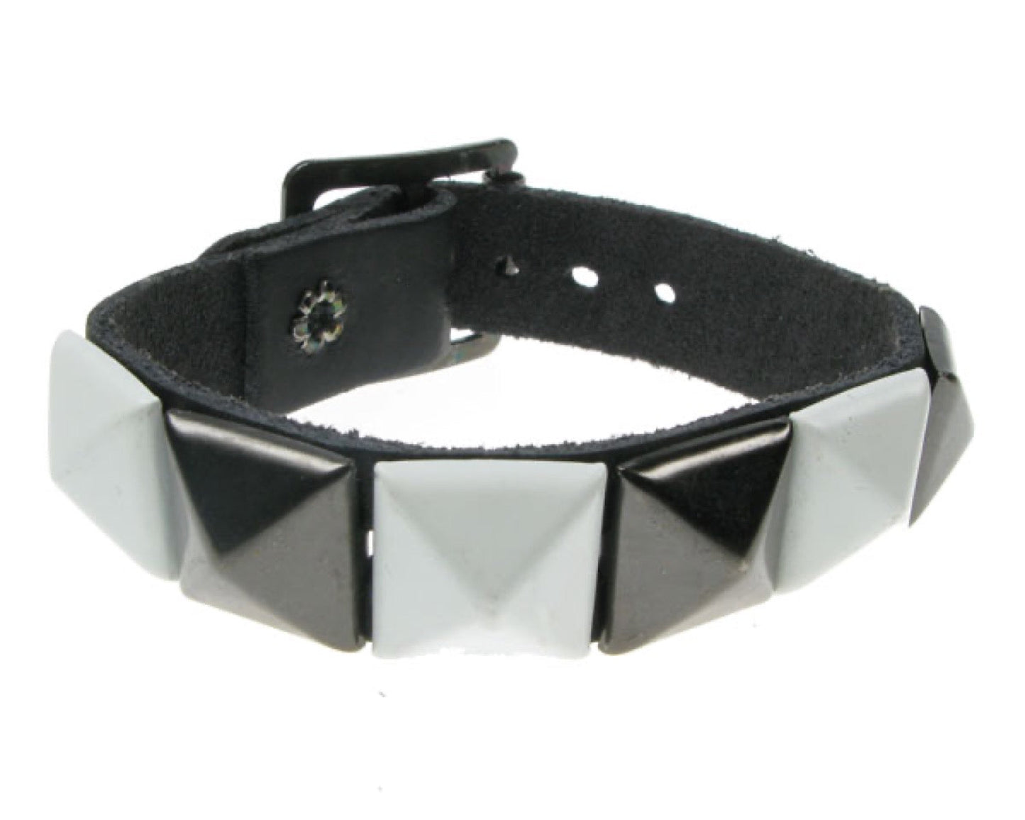 WB095 1 Row White and Black Pyramid Leather Wristband - Black