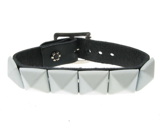 WB097 1 Row White Pyramid Leather Wristband - Black