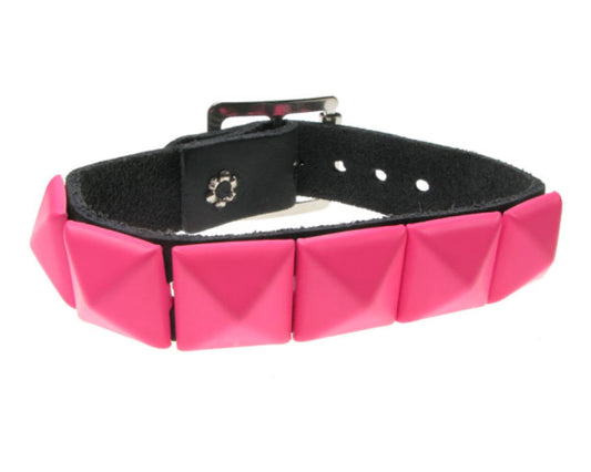 WB098 1 Row Pink Pyramid Leather Wristband - Black