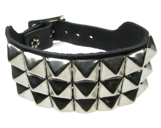WB103 3 Row Small Pyramid Leather Wristband - Black
