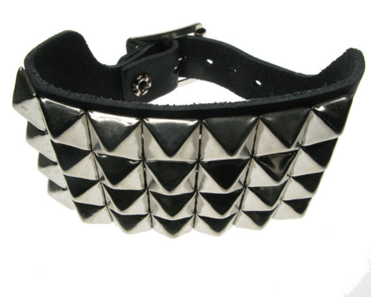 WB104 4 Row Small Pyramid Leather Wristband - Black
