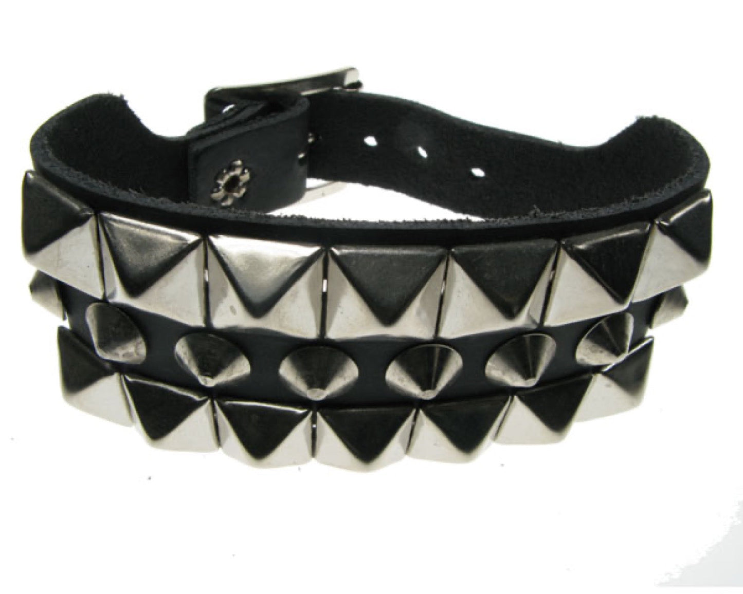 WB105 3 Row width 2 Row Small Pyramid and 1 Row Conical Leather Wristband - Black