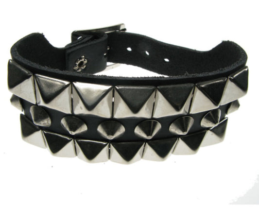WB105 3 Row width 2 Row Small Pyramid and 1 Row Conical Leather Wristband - Black