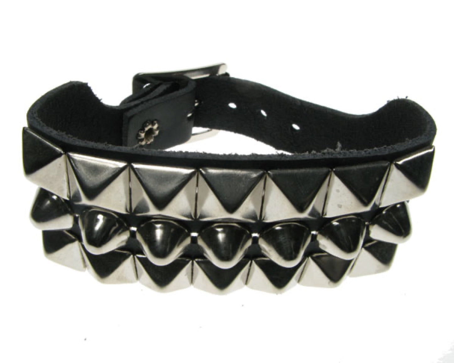 WB106 3 Row width 2 Row Small Pyramid and 1 Row Dome Conical Leather Wristband - Black