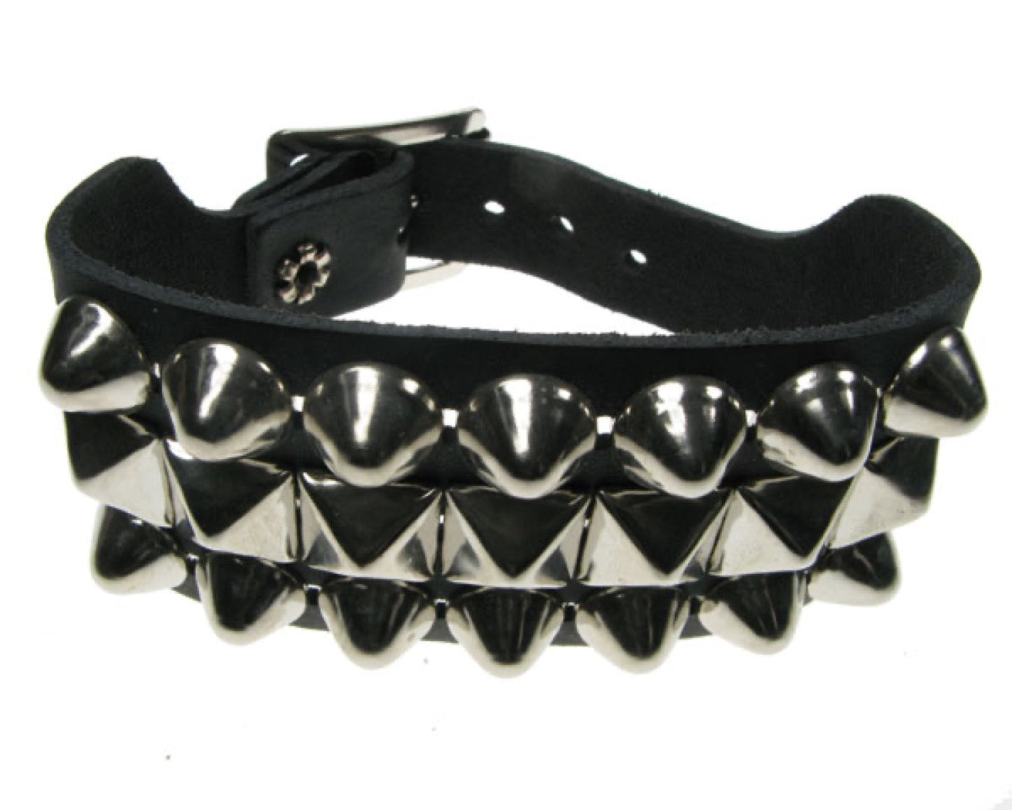 WB107 3 Row width 2 Row Dome Conical and 1 Row Small Pyramid Leather Wristband - Black