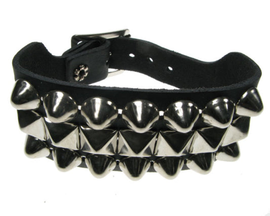 WB107 3 Row width 2 Row Dome Conical and 1 Row Small Pyramid Leather Wristband - Black
