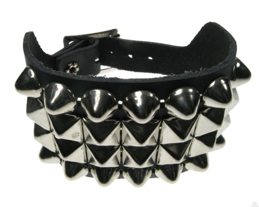 WB108 4 Row width 2 Row Dome Conical and 2 Row Small Pyramid Leather Wristband - Black