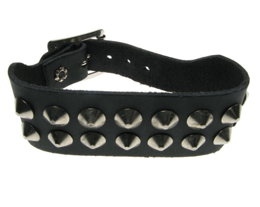 WB110 2 Row Conical Leather Wristband - Black