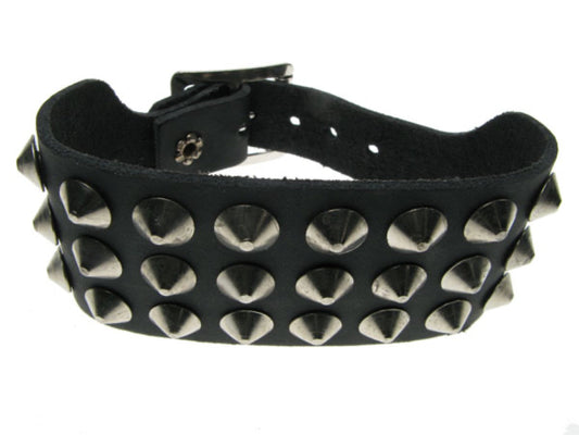 WB111 3 Row Conical Leather Wristband - Black