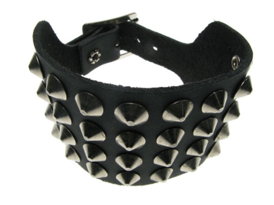 WB112 4 Row Conical Leather Wristband - Black