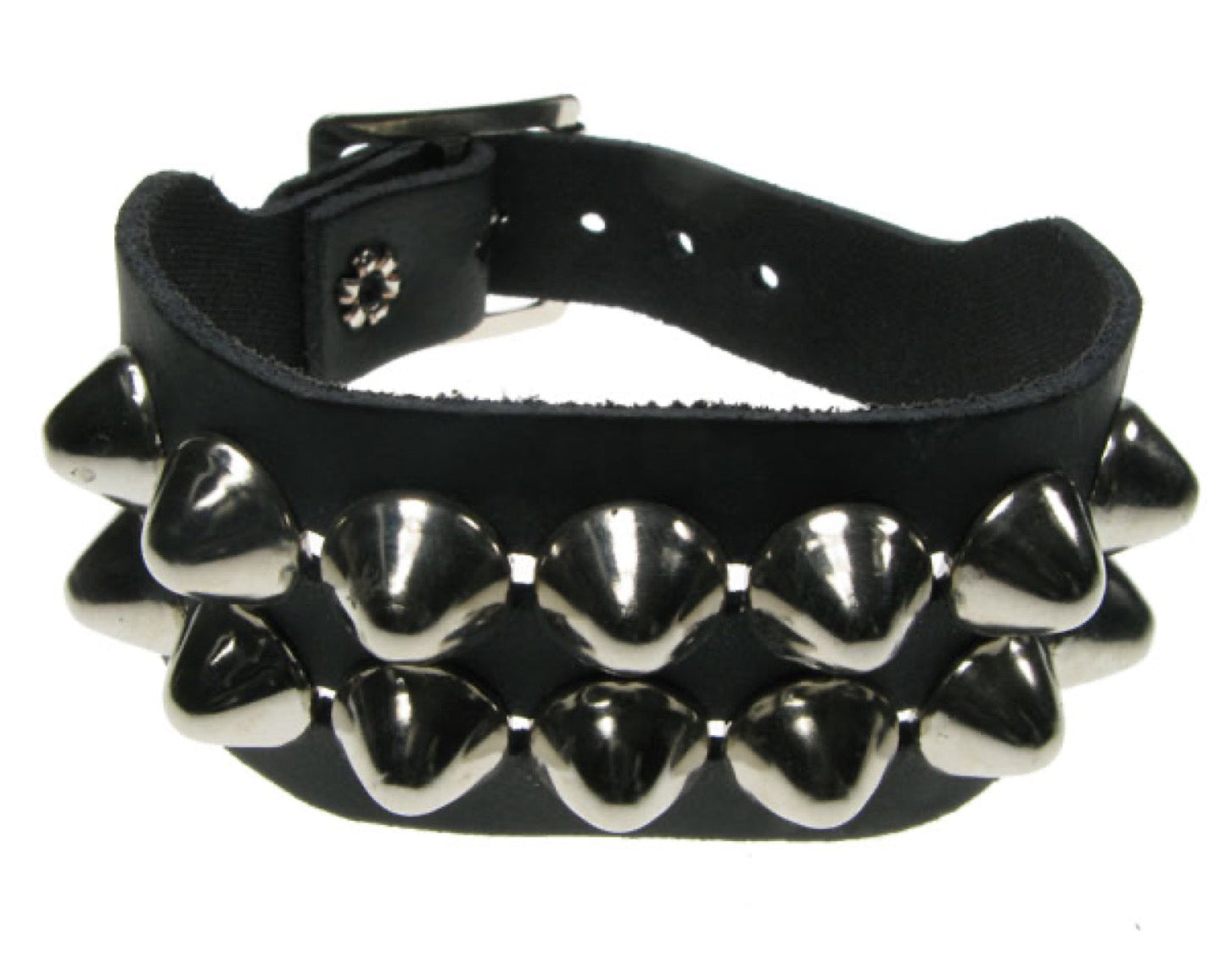 WB114 2 Row Dome Conical Leather Wristband - Black
