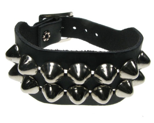 WB114 2 Row Dome Conical Leather Wristband - Black