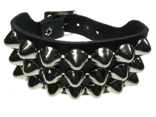 WB115 3 Row Dome Conical Leather Wristband - Black