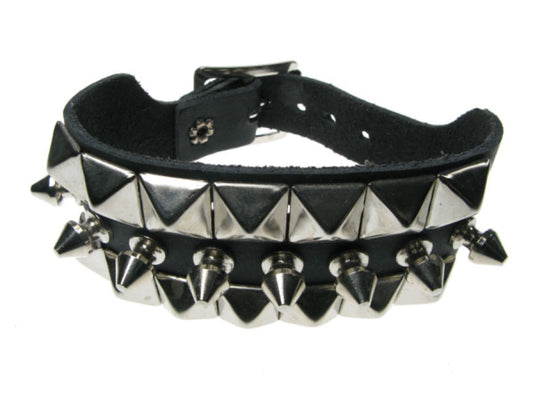 WB117 3 Row width 2 Row Small Pyramid and 1 Row Spike Leather Wristband - Black