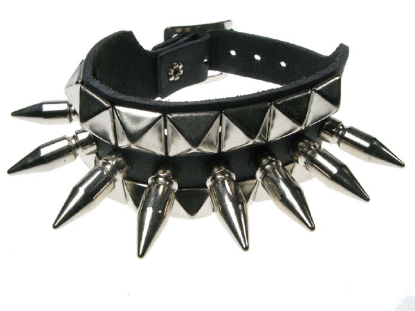 WB118 3 Row width 2 Row Small Pyramid and 1 Row Medium Spike Leather Wristband - Black