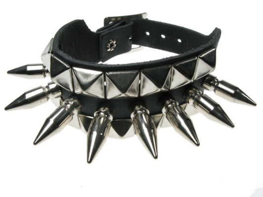 WB118 3 Row width 2 Row Small Pyramid and 1 Row Medium Spike Leather Wristband - Black