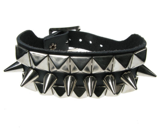 WB119 3 Row width 2 Row Small Pyramid and 1 Row Small Cone Spike Leather Wristband - Black