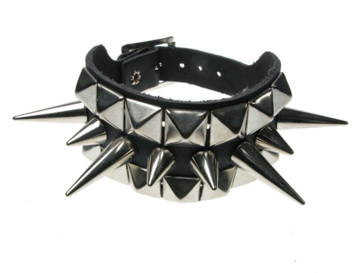 WB121 3 Row width 2 Row Small Pyramid and 1 Row Small and Medium Cone Spike Leather Wristband - Black