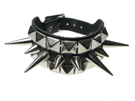 WB121 3 Row width 2 Row Small Pyramid and 1 Row Small and Medium Cone Spike Leather Wristband - Black