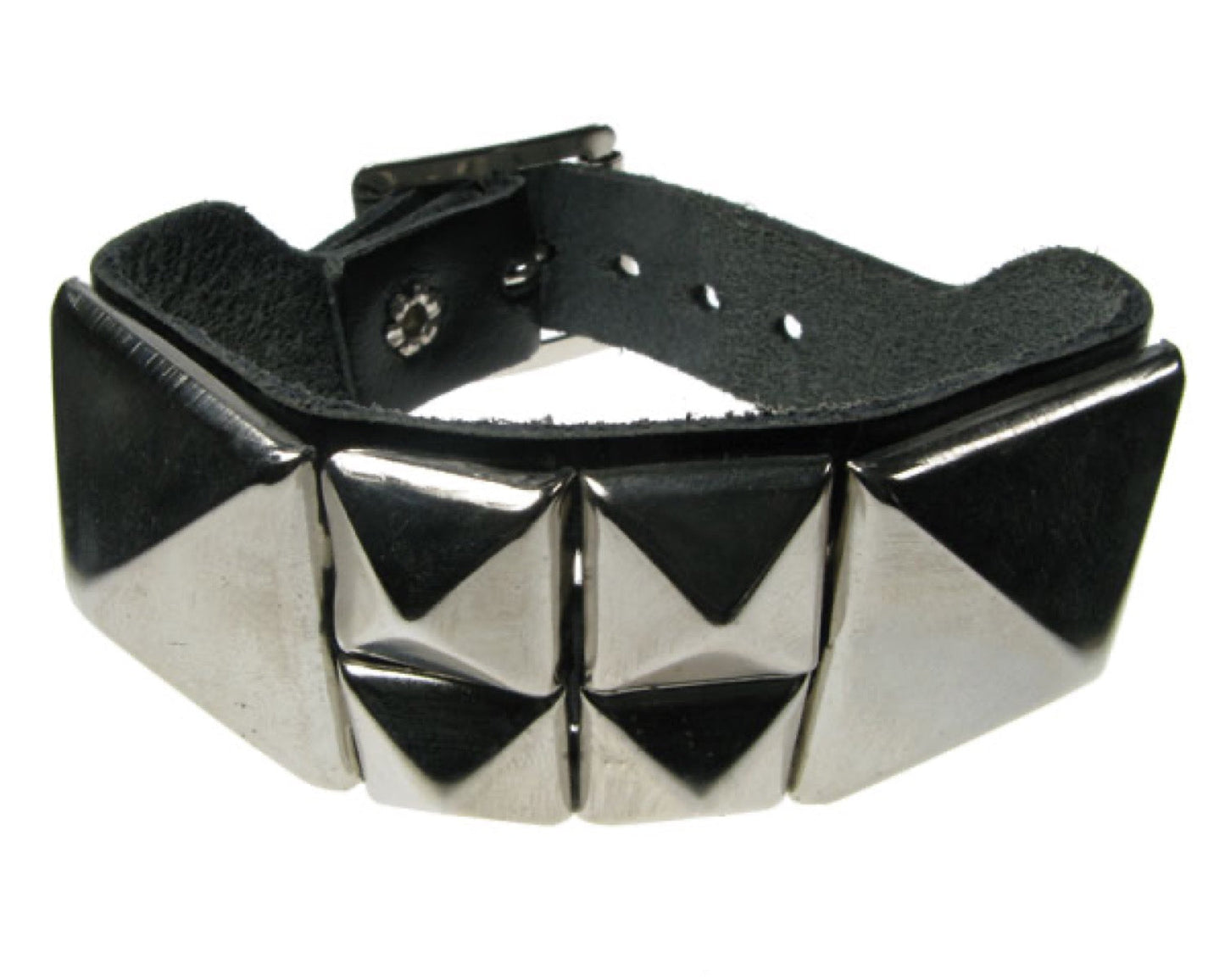 WB123 2 Row width 1 Row Large Pyramid with 4 Pyramids in Middle Leather Wristband - Black