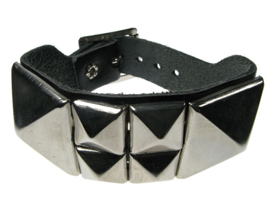 WB123 2 Row width 1 Row Large Pyramid with 4 Pyramids in Middle Leather Wristband - Black