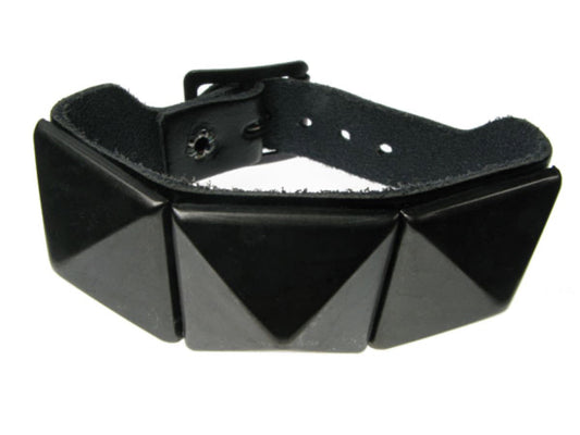 WB125 2 Row width 1 Row Large Black Pyramid Leather Wristband - Black