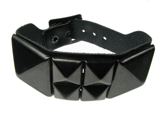 WB126 2 Row width 1 Row Large Black Pyramid with 4 Black Pyramids in Middle Leather Wristband - Black